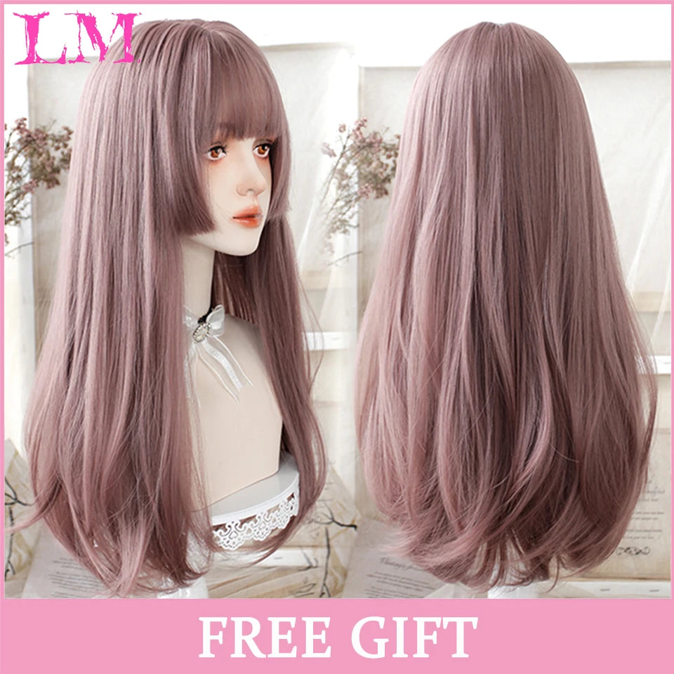 LM Cosplay Wig With Bangs Synthetic Straight Hair Wigs 24 Inch Long Heat-Resistant Pink Hair Style For Women