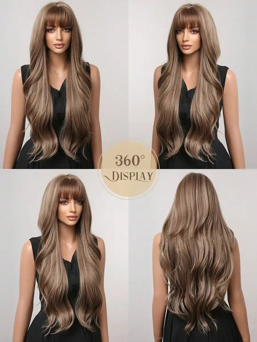 28 Inch Long Curly Wig With Bangs Ombre Brown Hair Style Wigs For Women Highlight Blonde Synthetic Wig For Daily Party Heat Resistant