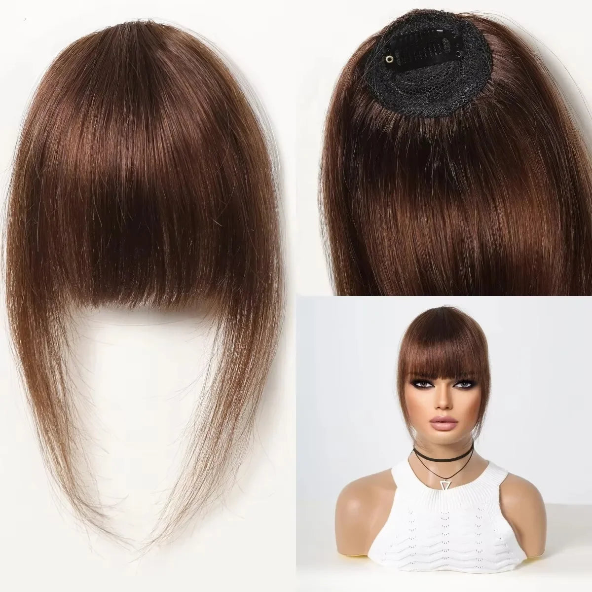 100% Human Hair Bangs Natural Brown Wispy Bang Wigs Hair Clip in Bangs Fringe with Temples Hairpiece for Women  Clip on Air Bang 4.5in Wigs Accessories