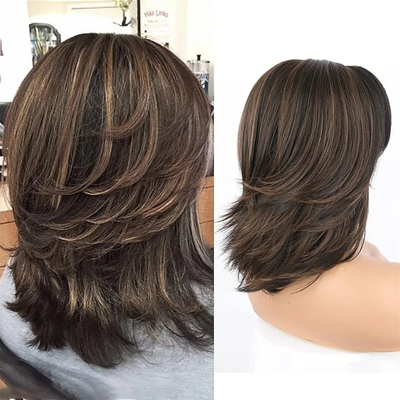 HAIRJOY Dark Gray Ombre Layered Wigs with  Bangs for Black Women Synthetic Hair Style Short Gray Highlight Straight  Layered Bob Wig