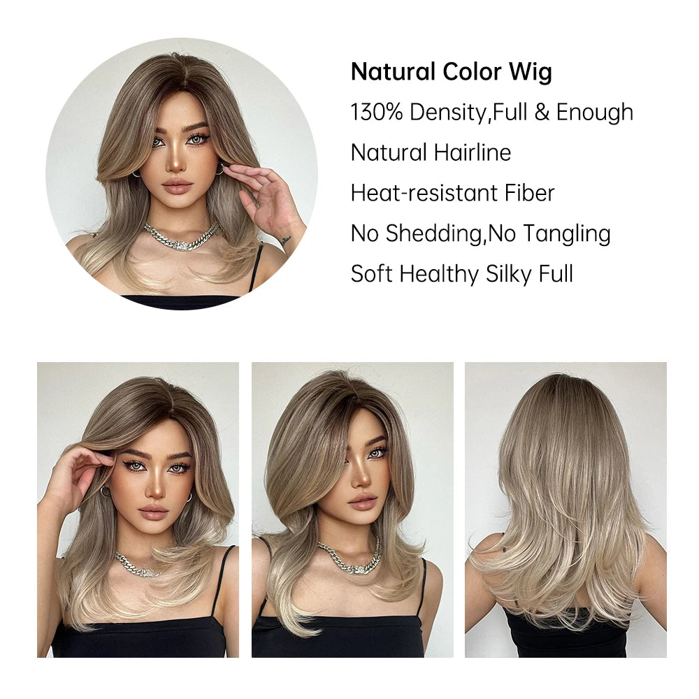ELEMENT Synthetic Wig Medium Wavy Hair Brown Mixed Blonde Wigs for Women Daily Party Cool Heat Resistant Breathable Headband, Hair style