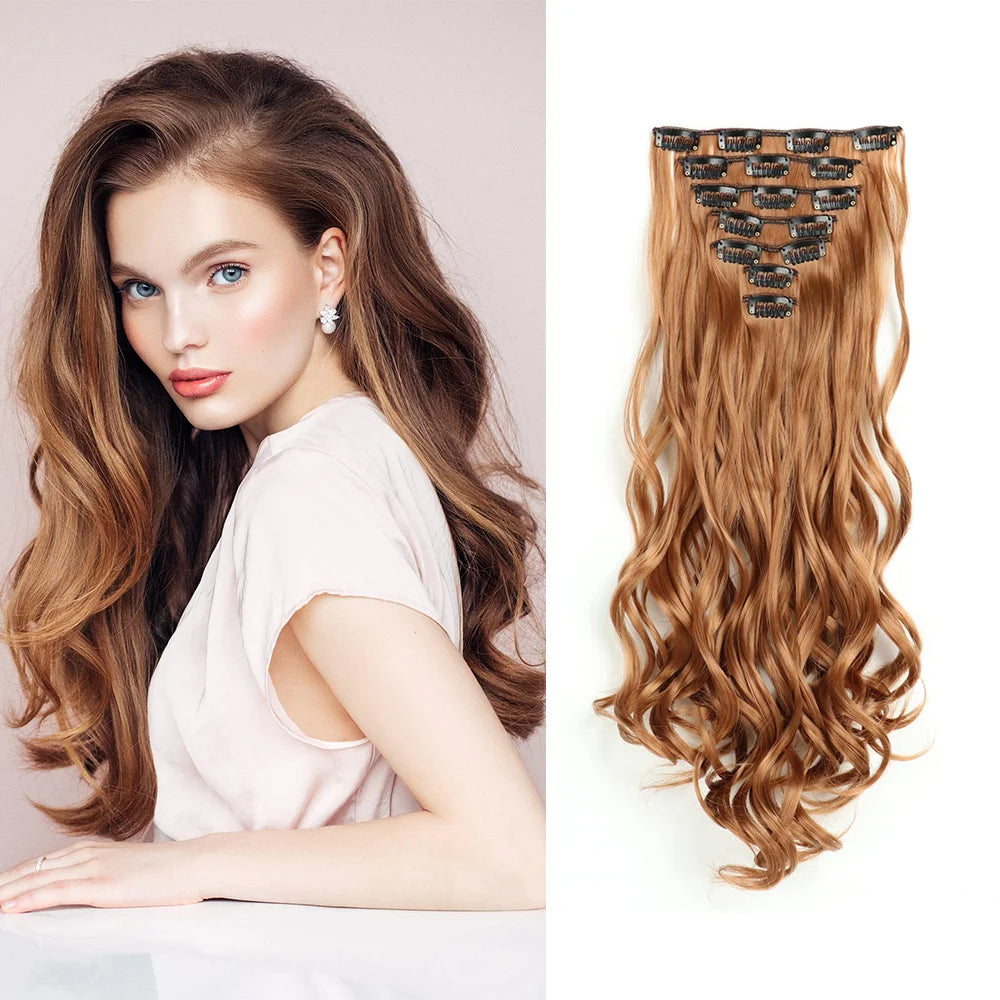 Clip In Wig Hair Extensions 7 PCS Full Head 22 Inch Long Curly Wavy Synthetic Hair Wigs Pieces Natural Wavy For Women Girls Hair Style