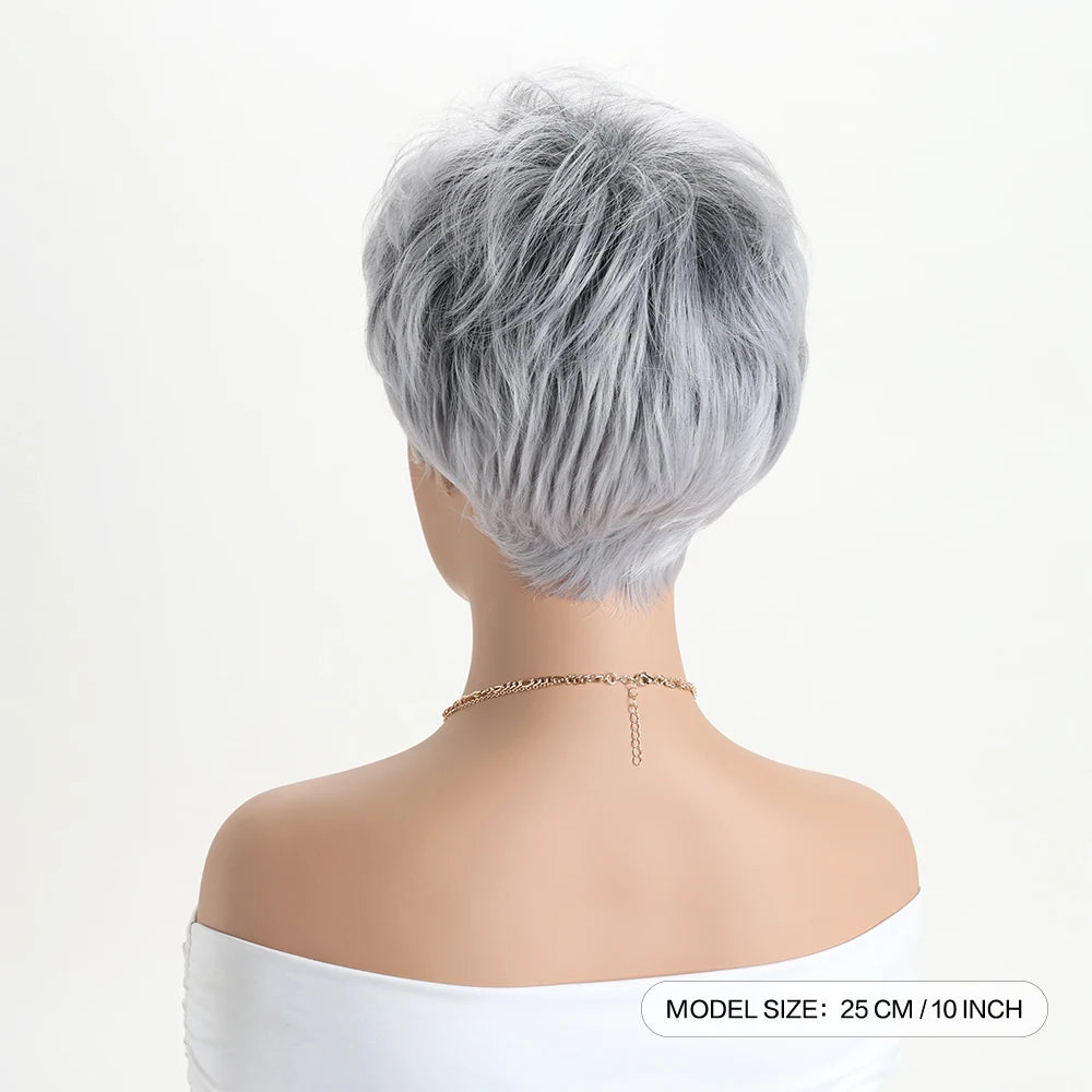 Short Natural Wigs with Bangs Soft Mommy Hair Daily Use Short  Grey Ombre Curly Synthetic Hair Costume Party Wig for Women
