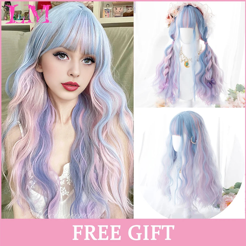 LM Cosplay Wig With Bangs Synthetic Straight Hair Wigs 24 Inch Long Heat-Resistant Pink Hair Style For Women