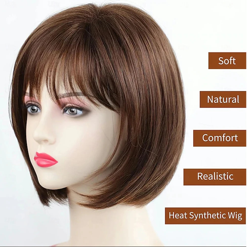 HAIRJOY Synthetic Hair Short Brown Bob Wigs with Bangs for Women  Daily Party Wig