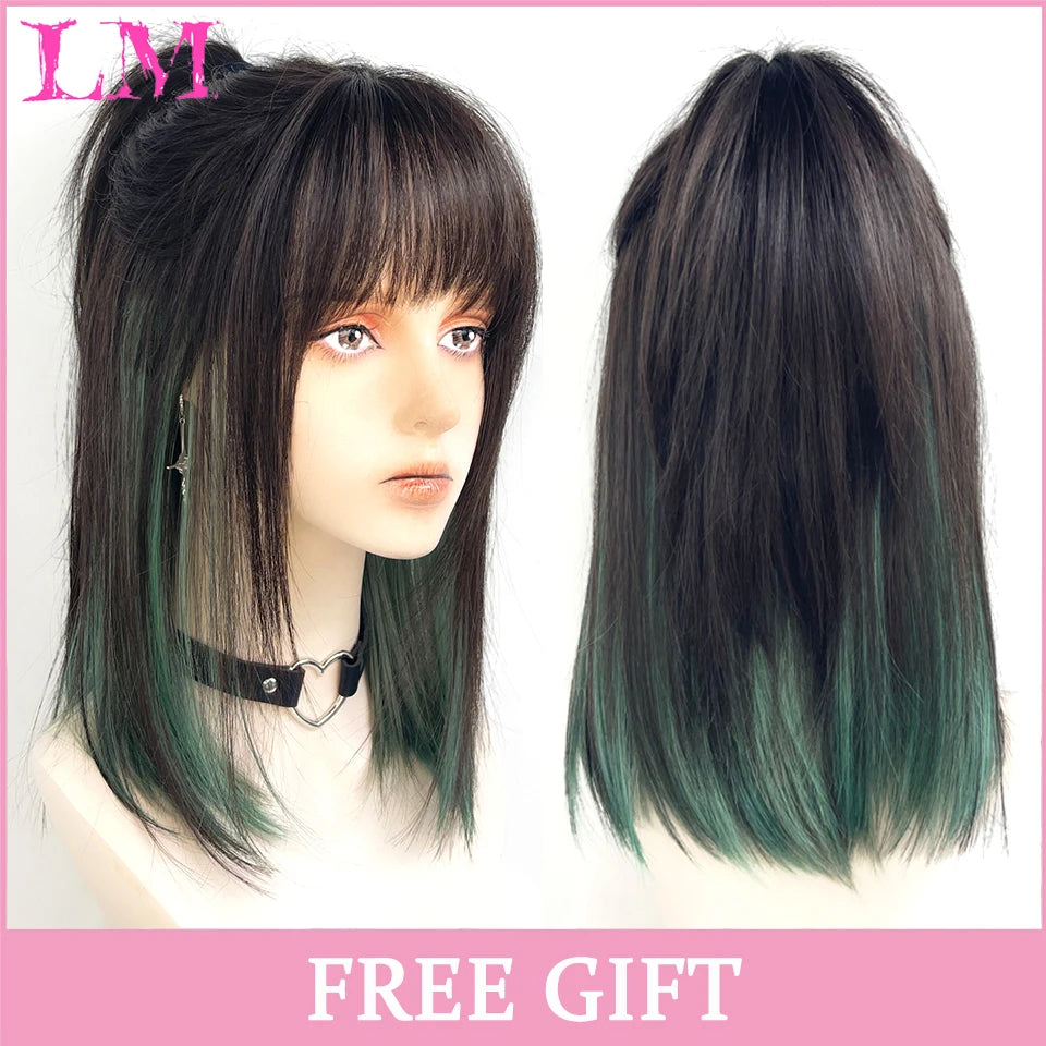 LM Cosplay Wig With Bangs Synthetic Straight Hair Wigs 24 Inch Long Heat-Resistant Pink Hair Style For Women