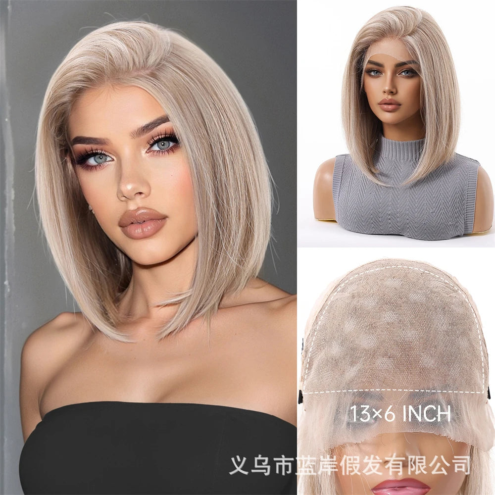 13 * 6 large lace wig, gradient white gold bob, linen shoulder length short hair wigs, suitable for everyday women