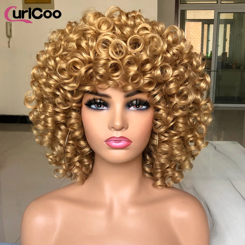 Short Hair Afro Curly Wig Natural Blonde Hair Wigs with Bangs Fluffy Synthetic Ombre Cosplay Lolita Wigs For Black Women