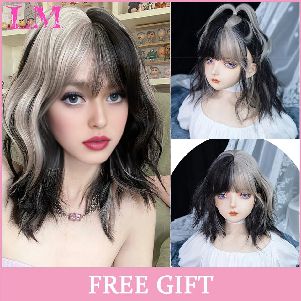 LM Cosplay Wig With Bangs Synthetic Straight Hair Wigs 24 Inch Long Heat-Resistant Pink Hair Style For Women