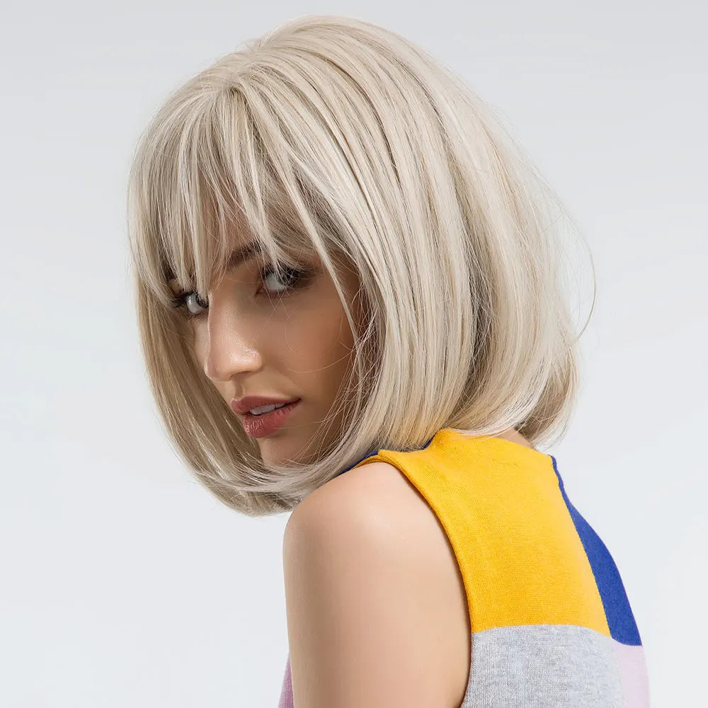 Short Bob Platinum Blonde Wig with Bangs Synthetic Natural Straight Blonde Hair Wigs for White Women Party Daily Heat Resistant Hair Style