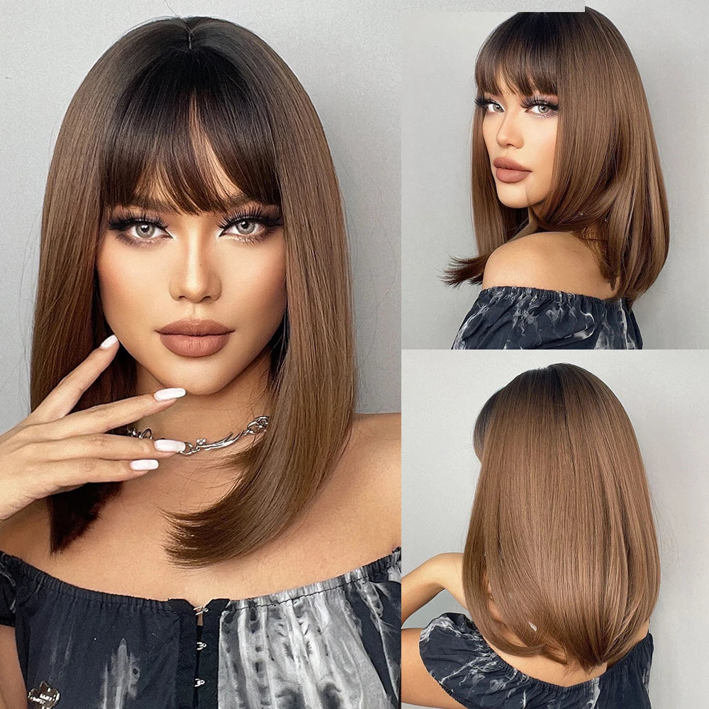Short Bob Platinum Blonde Wig with Bangs Synthetic Natural Straight Blonde Hair Wigs for White Women Party Daily Heat Resistant Hair Style