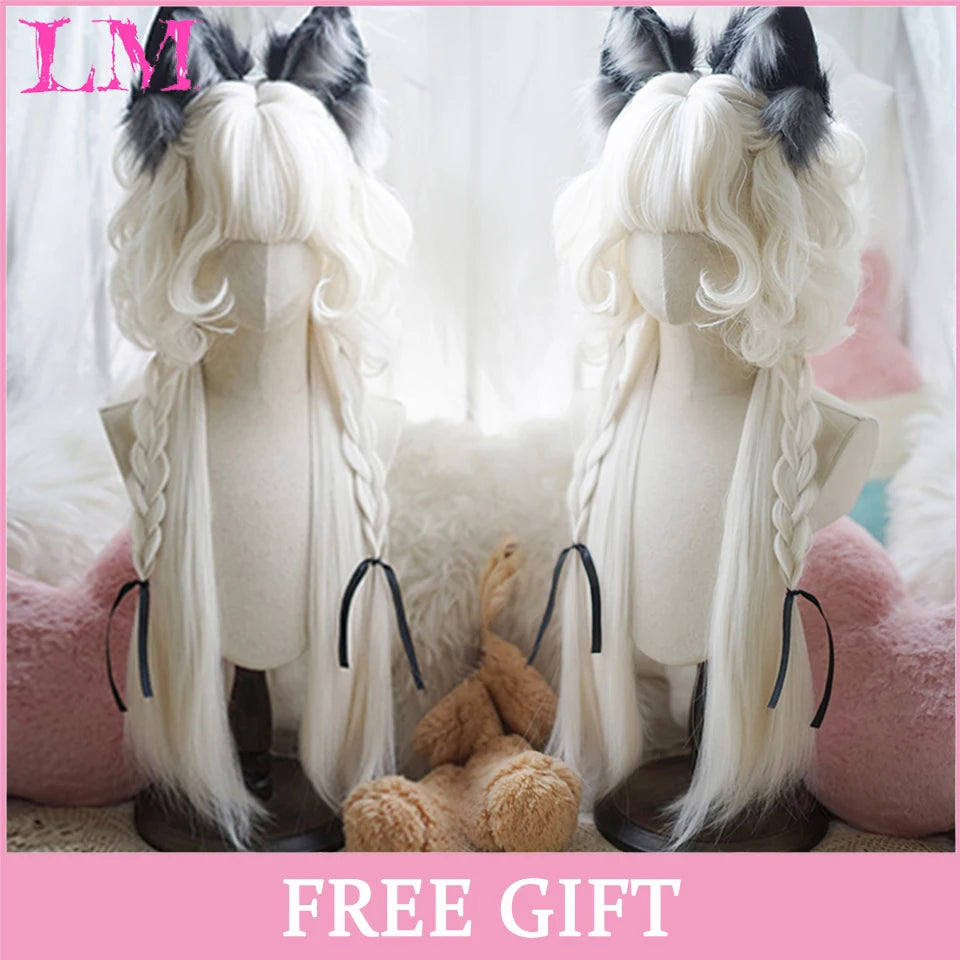 LM Cosplay Wig With Bangs Synthetic Straight Hair Wigs 24 Inch Long Heat-Resistant Pink Hair Style For Women