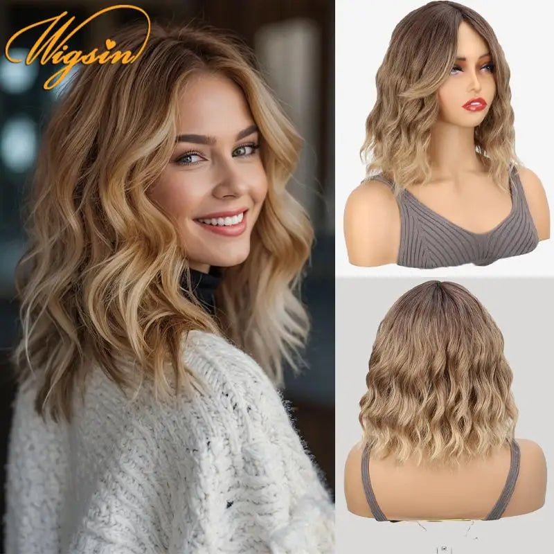 WIGSIN 12Inch Wig Synthetic Platinum Blonde Highlight Short Wace Curly Hair Wigs