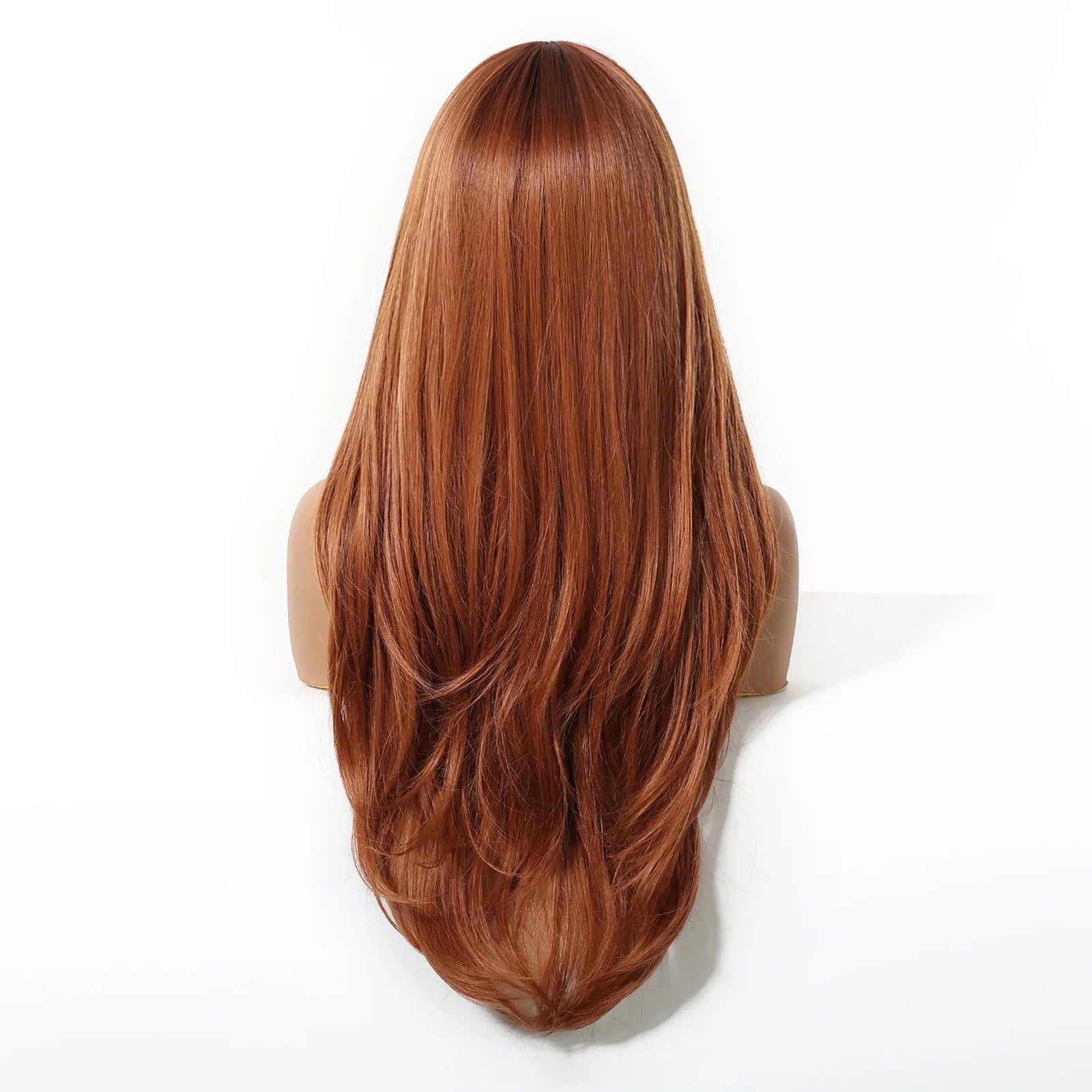 Long Copper Brown Synthetic Curly Wig for Women Auburn Hair Style Wigs with Bangs Layered Straight Hair Natural Daily Heat Resistant