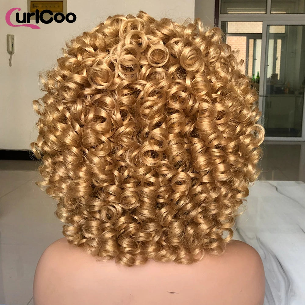 Short Hair Afro Curly Wig Natural Blonde Hair Wigs with Bangs Fluffy Synthetic Ombre Cosplay Lolita Wigs For Black Women