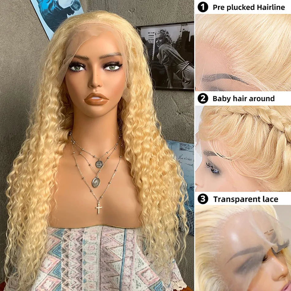 613 Hd Lace Frontal Wig 13X6 Blonde Curly Water Deep Wave Frontal Hair Style Wigs 13X4 Hd Lace Front Pre Plucked Human Hair Wigs 30 38 Inch