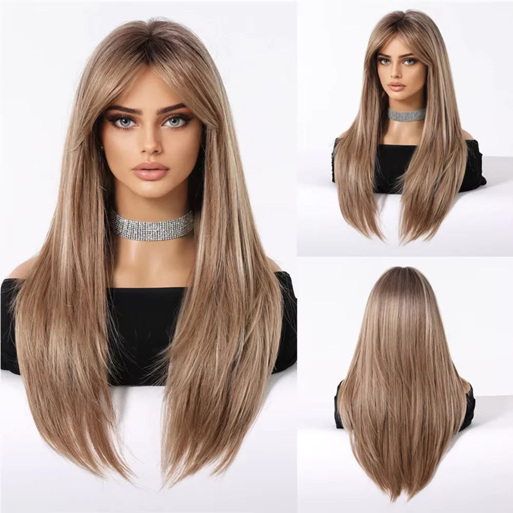 ALAN EATON Long Brown Highlight Synthetic Wig Layered Straight Hair Style Wigs Realistic Fake Hair for Daily Wear High Temperature Wigs