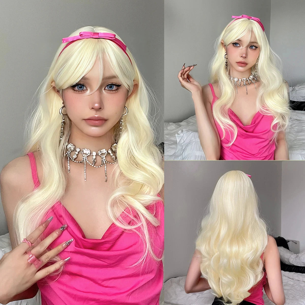 Pink synthetic wig with big waves for Halloween party, cosplay wigs, daily wig, high-temperature hair accessory wig set