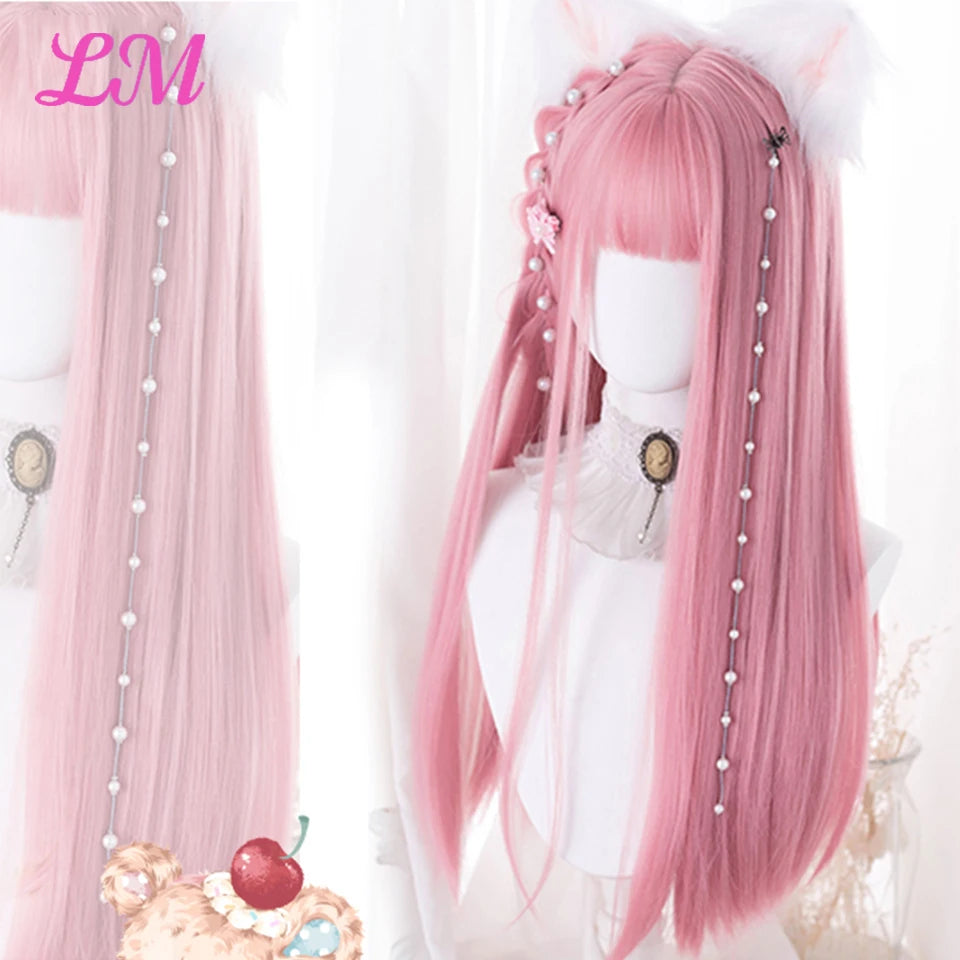 LM Cosplay Wig With Bangs Synthetic Straight Hair Wigs 24 Inch Long Heat-Resistant Pink Hair Style For Women