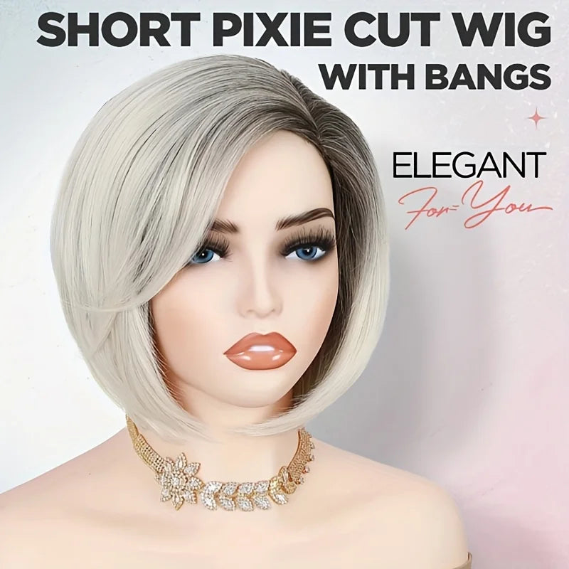 Deep root gradient white side-divided bob elf cut synthetic chemical fiber Wig, suitable for daily outfits Hair Wigs and Hair Style