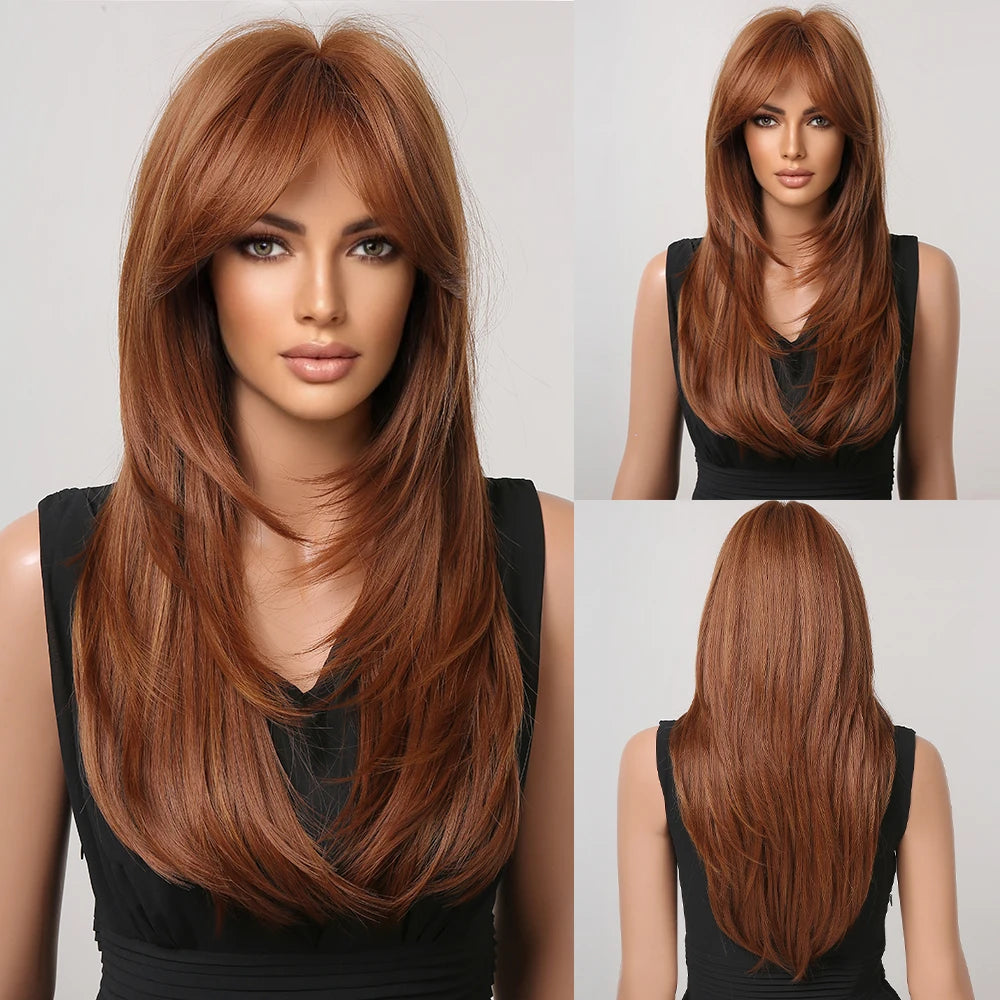 ALAN EATON Long Blonde Wig for Women Synthetic Hair Wigs with Fringe Ombre Color with Dark Roots Layered We Heat Resistant Hair Style