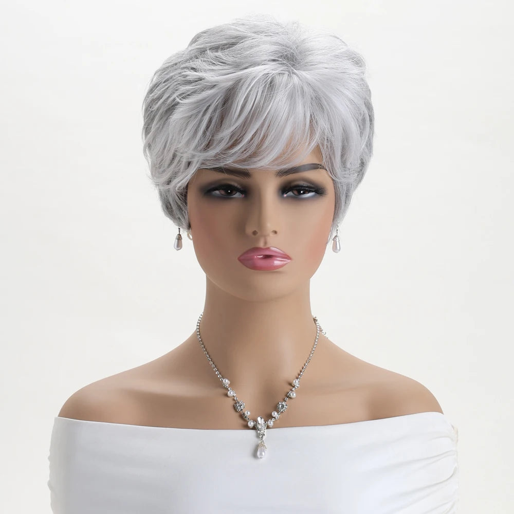 Short Natural Wigs with Bangs Soft Mommy Hair Daily Use Short  Grey Ombre Curly Synthetic Hair Costume Party Wig for Women