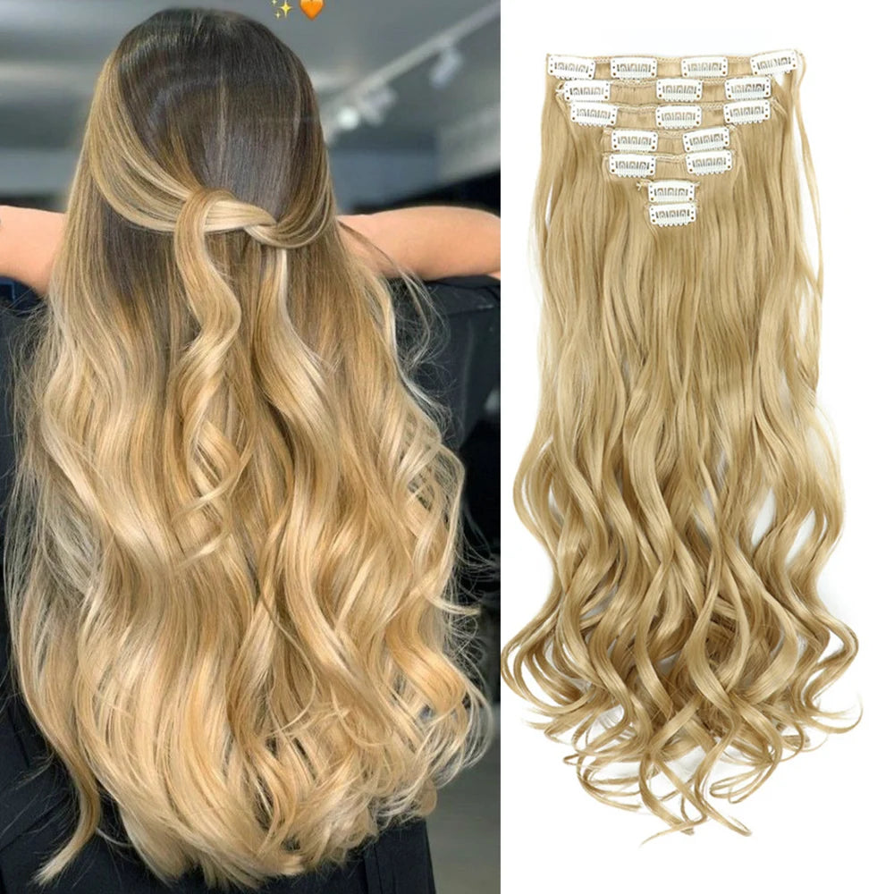 Clip In Wig Hair Extensions 7 PCS Full Head 22 Inch Long Curly Wavy Synthetic Hair Wigs Pieces Natural Wavy For Women Girls Hair Style