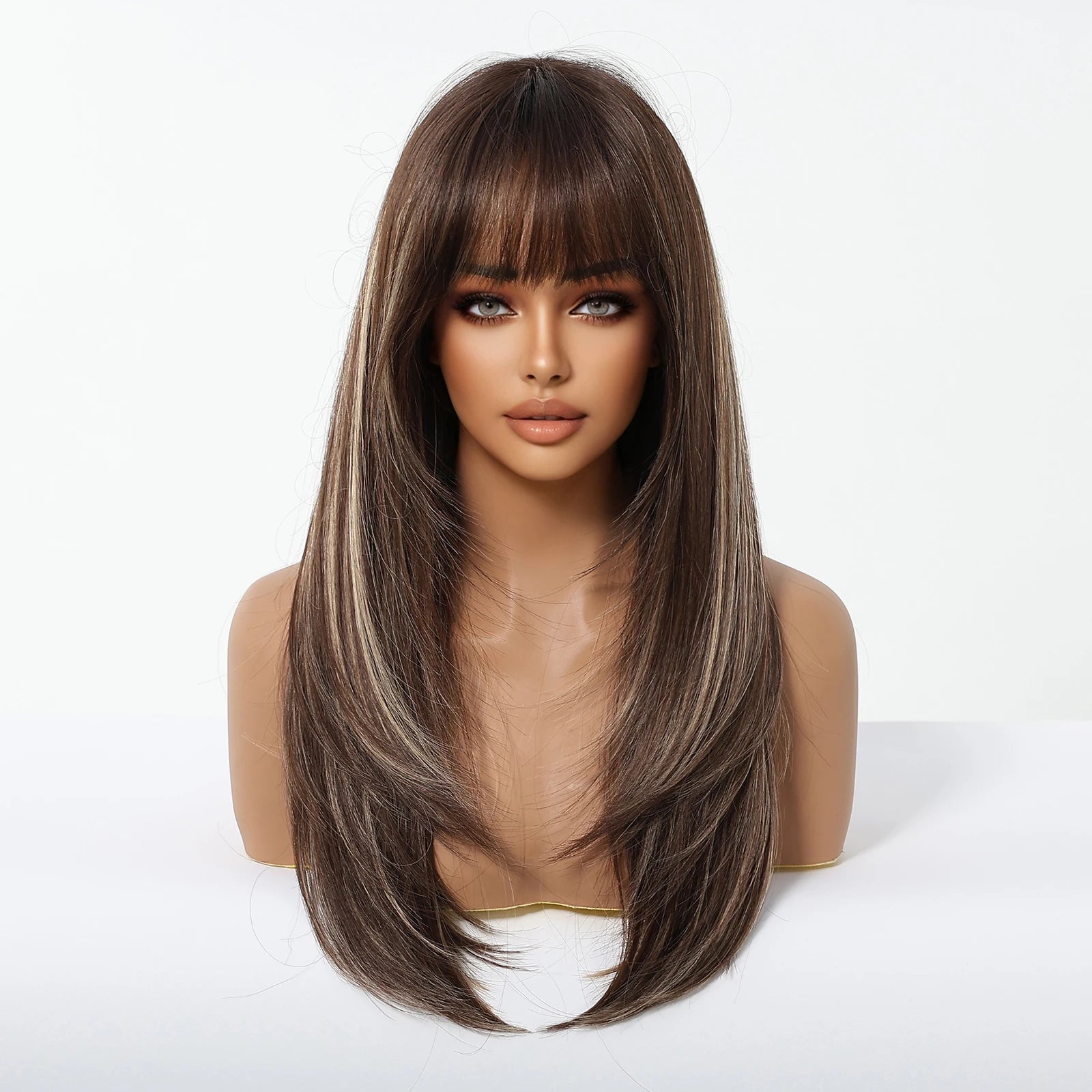 ALAN EATON Long Brown Highlight Synthetic Wig Layered Straight Hair Style Wigs Realistic Fake Hair for Daily Wear High Temperature Wigs