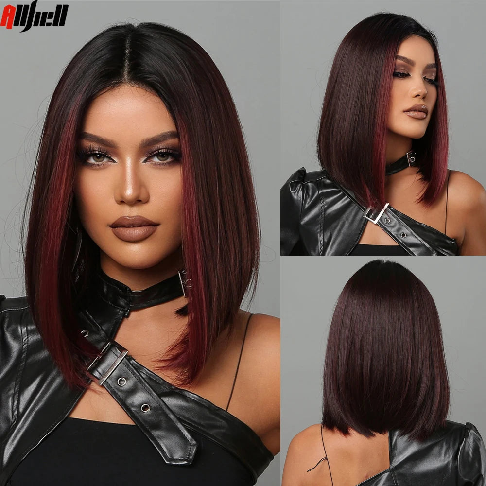 Medium Length Chestnut Brown Synthetic Wigs Hair Middle Part Wine Red Highlights Straight Wig Heat Resistant for Women Party Cosplay