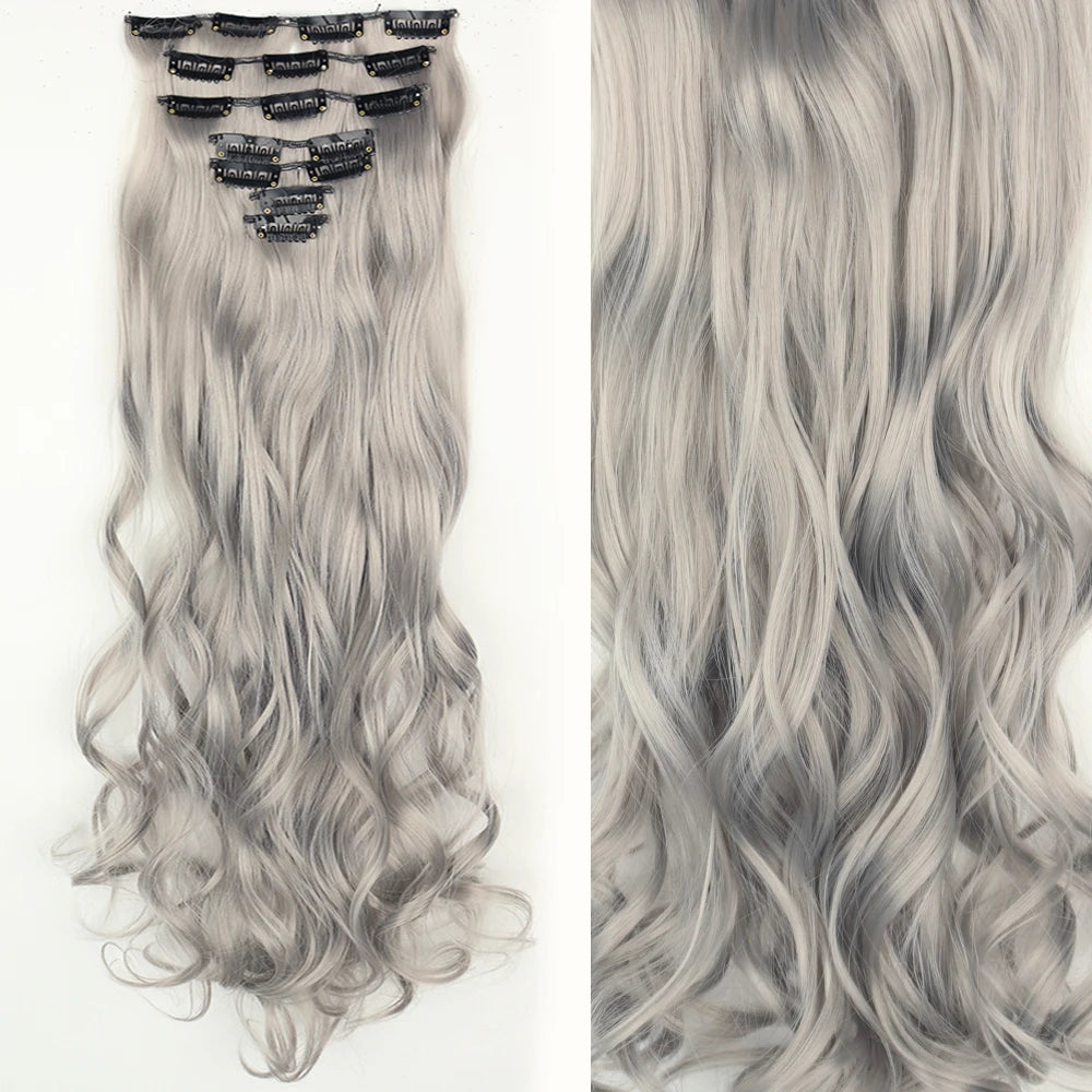 7Pcs/Set 16 Clips Wig Hair Accessories Extension Black Long Straight Natural Hair Wigs Ombre Hairpiece Heat Resistant Fiber For Women Hair Style
