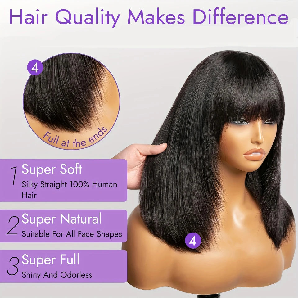 Straight Short Bob Wig With Bangs Vietnamese 100% Human Hair Double Drawn Bob Wigs Glueless Straight Wigs On Sale Clearance 180%bbb haircjvjvjvv