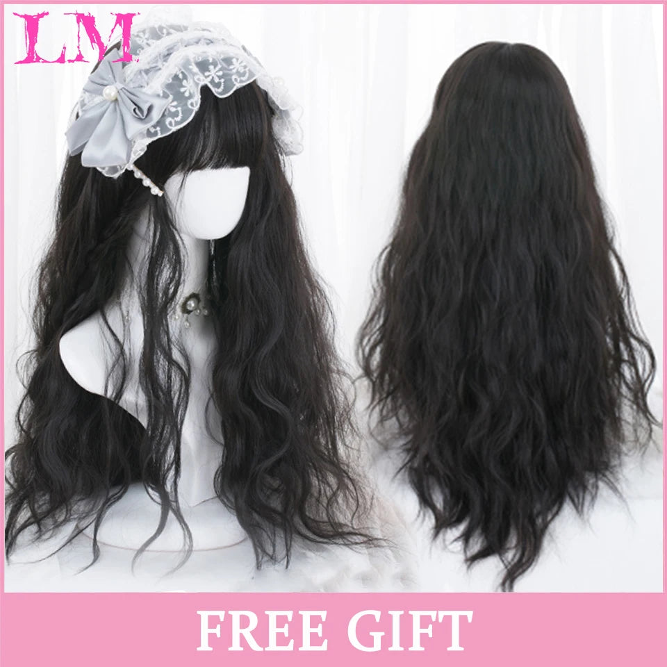 LM Cosplay Wig With Bangs Synthetic Straight Hair Wigs 24 Inch Long Heat-Resistant Pink Hair Style For Women