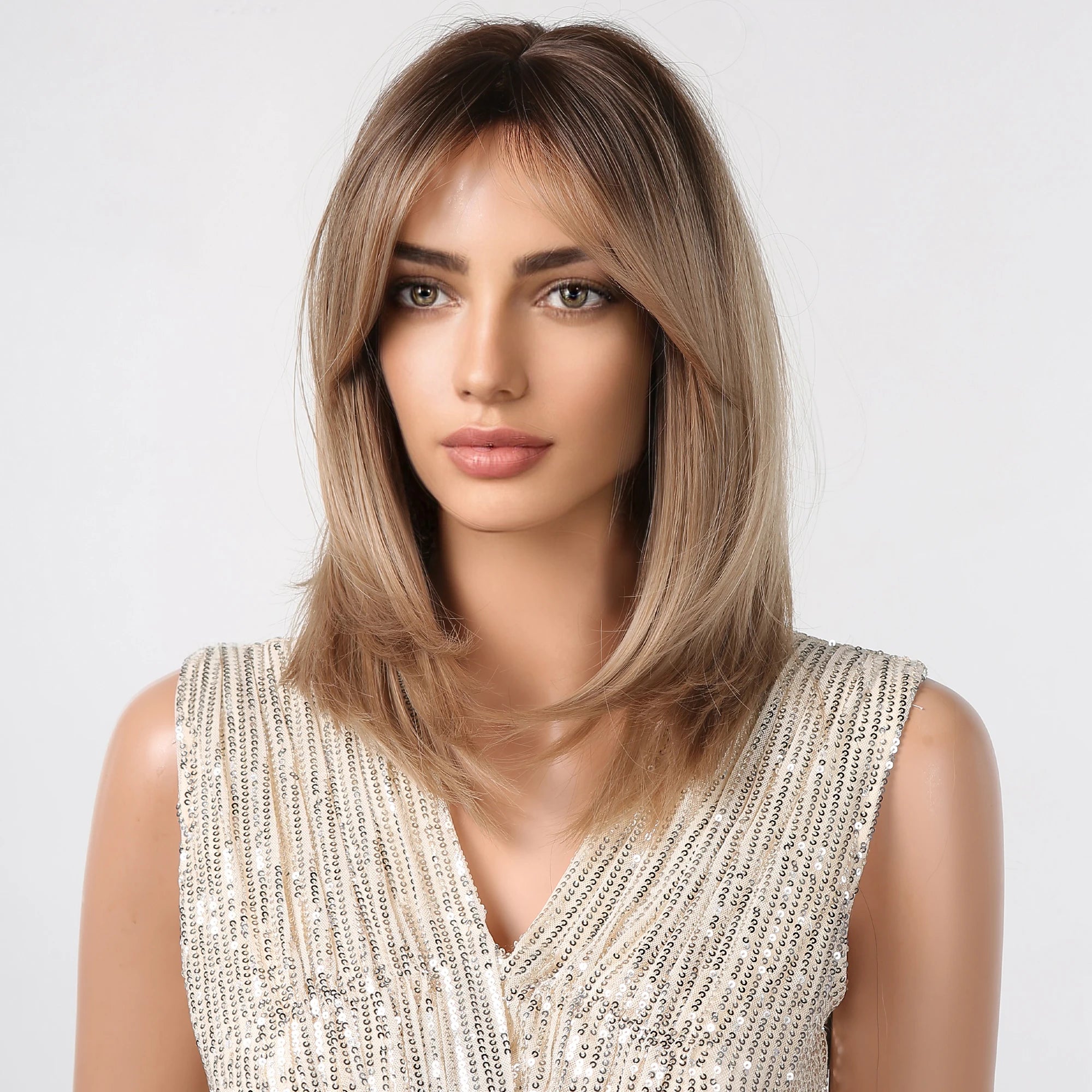 Short Layered Synthetic Wig Ombre Brown Medium Length Straight Natural Looking Hair Wigs with Bangs Heat Resistant Hair Style for Women Daily Use