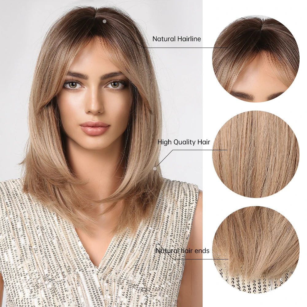 Short Layered Synthetic Wig Ombre Brown Medium Length Straight Natural Looking Hair Wigs with Bangs Heat Resistant Hair Style for Women Daily Use