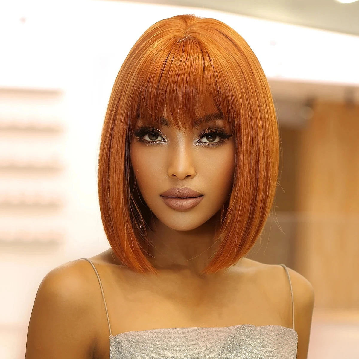 Short straight synthetic wig Ginger Brown Bob wigs with straight bangs Ladies Cosplay daily natural high temperature silk wigs