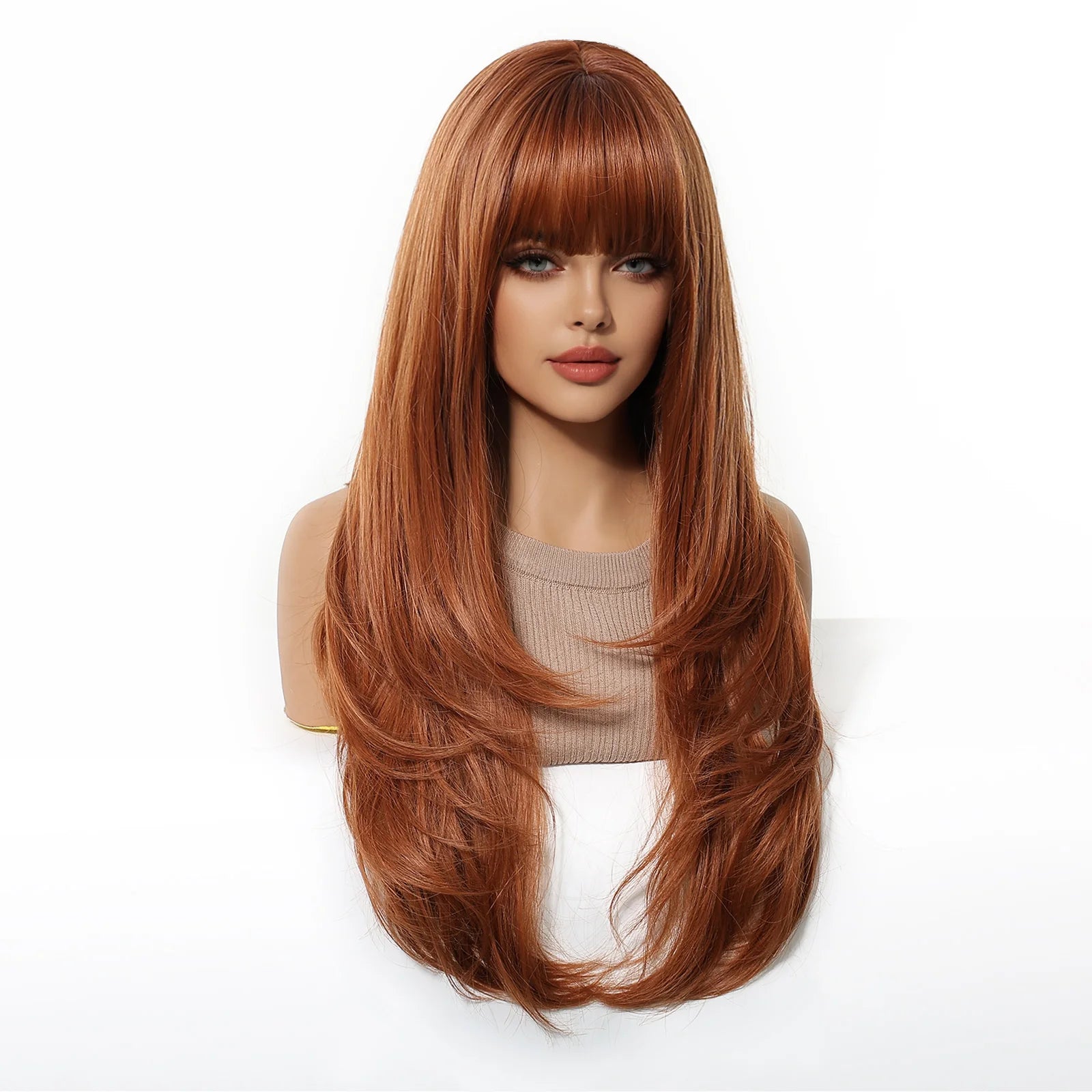 Long Copper Brown Synthetic Curly Wig for Women Auburn Hair Style Wigs with Bangs Layered Straight Hair Natural Daily Heat Resistant