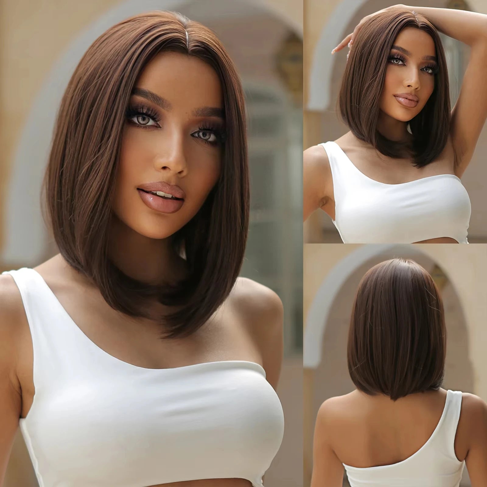 Short straight synthetic wig Ginger Brown Bob wigs with straight bangs Ladies Cosplay daily natural high temperature silk wigs