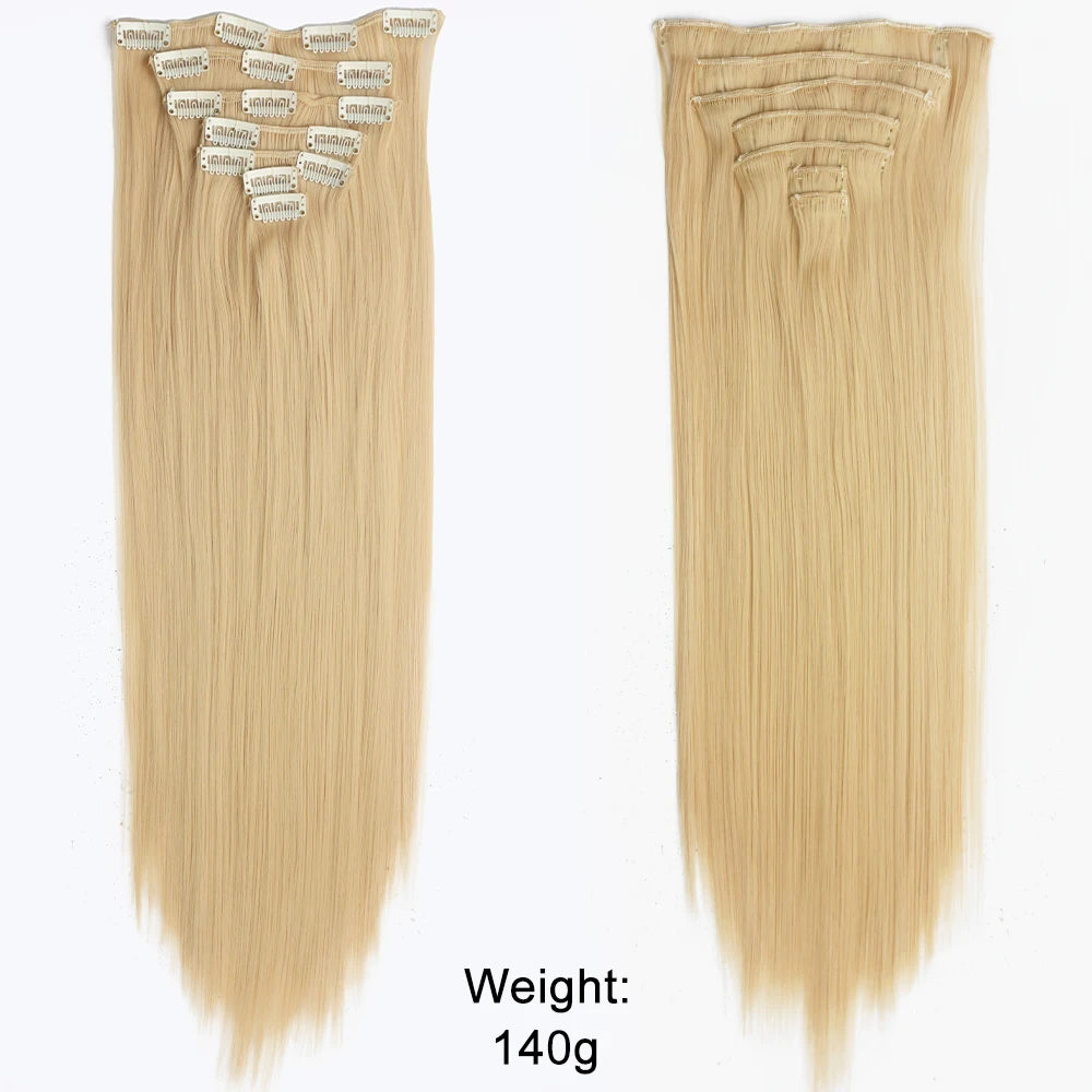 7Pcs/Set 16 Clips Wig Hair Accessories Extension Black Long Straight Natural Hair Wigs Ombre Hairpiece Heat Resistant Fiber For Women Hair Style