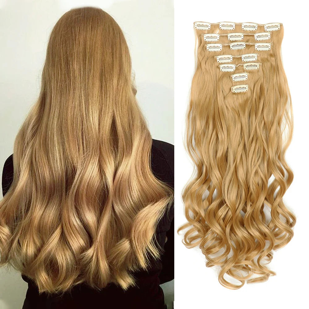 Clip In Wig Hair Extensions 7 PCS Full Head 22 Inch Long Curly Wavy Synthetic Hair Wigs Pieces Natural Wavy For Women Girls Hair Style