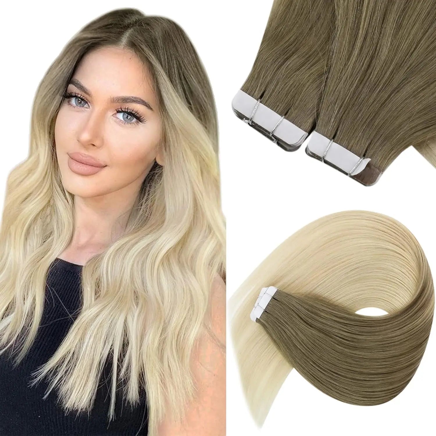 [NEW]VeSunny Tape In Hair Extensions and Accessories Human Hair Wigs Real Natural Hair Balayage Color #4-14-60 Skin Weft Straight Seamless Wig