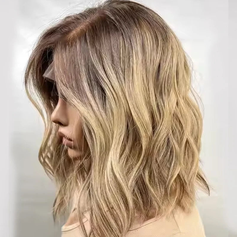 Authentic European Blonde Synthetic Wigs Brown Root short Hair Style Wig Jewish Hair 13x4 Lace Front Wig For Women Daily Party Use