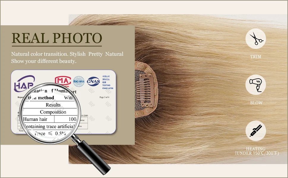 Blonde Ombre 100% Remy Human Hair Toppers Clips In Hair Lace Base Topper Hairpieces for Women Hair Extensions 12 Inch Straight