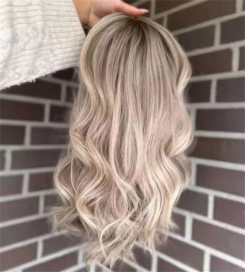 Invisible Transparent Lace Ombre Platinum Blonde Wig with Dark Roots Party Wigs Lace Front Wig Synthetic HD Wigs For Women 20 inch