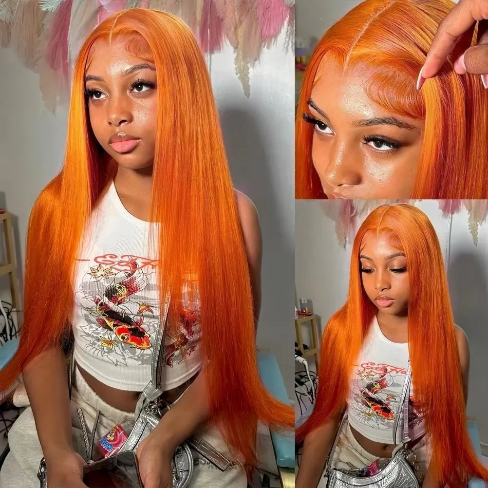 Ginger Orange Straight 13X6 Hd Lace Front Human Hair Wig 100% 220 Density 36 Inch Wigs #350 Colored Pre Plucked Brazilian Wigs