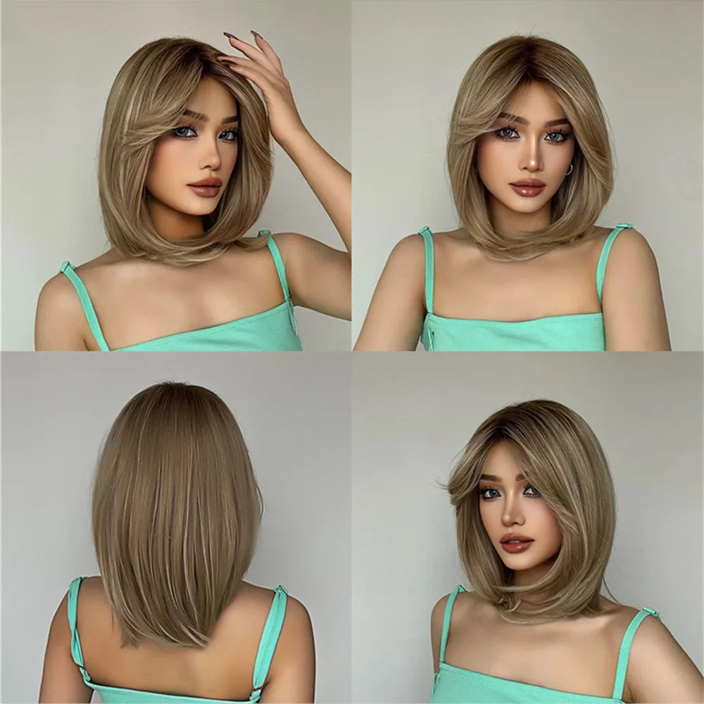 ALAN EATON Layered Synthetic Wig with Bangs Straight Short Highlights Blonde Hair Wigs with for Women Daily Use