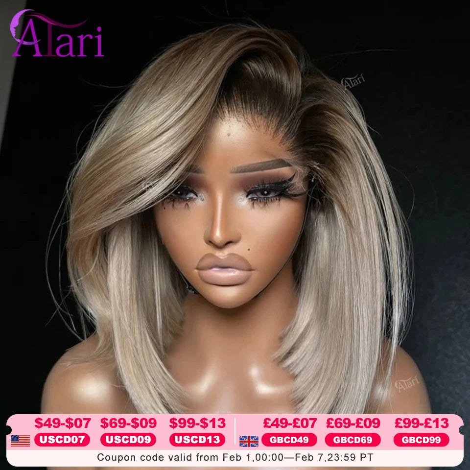 Ash Blonde with Brown Roots Short Bob Wig Transparent 13x4 Full Lace Frontal Human Hair Wigs Straight Bob Wig Pre Plucked for Women Hair Style