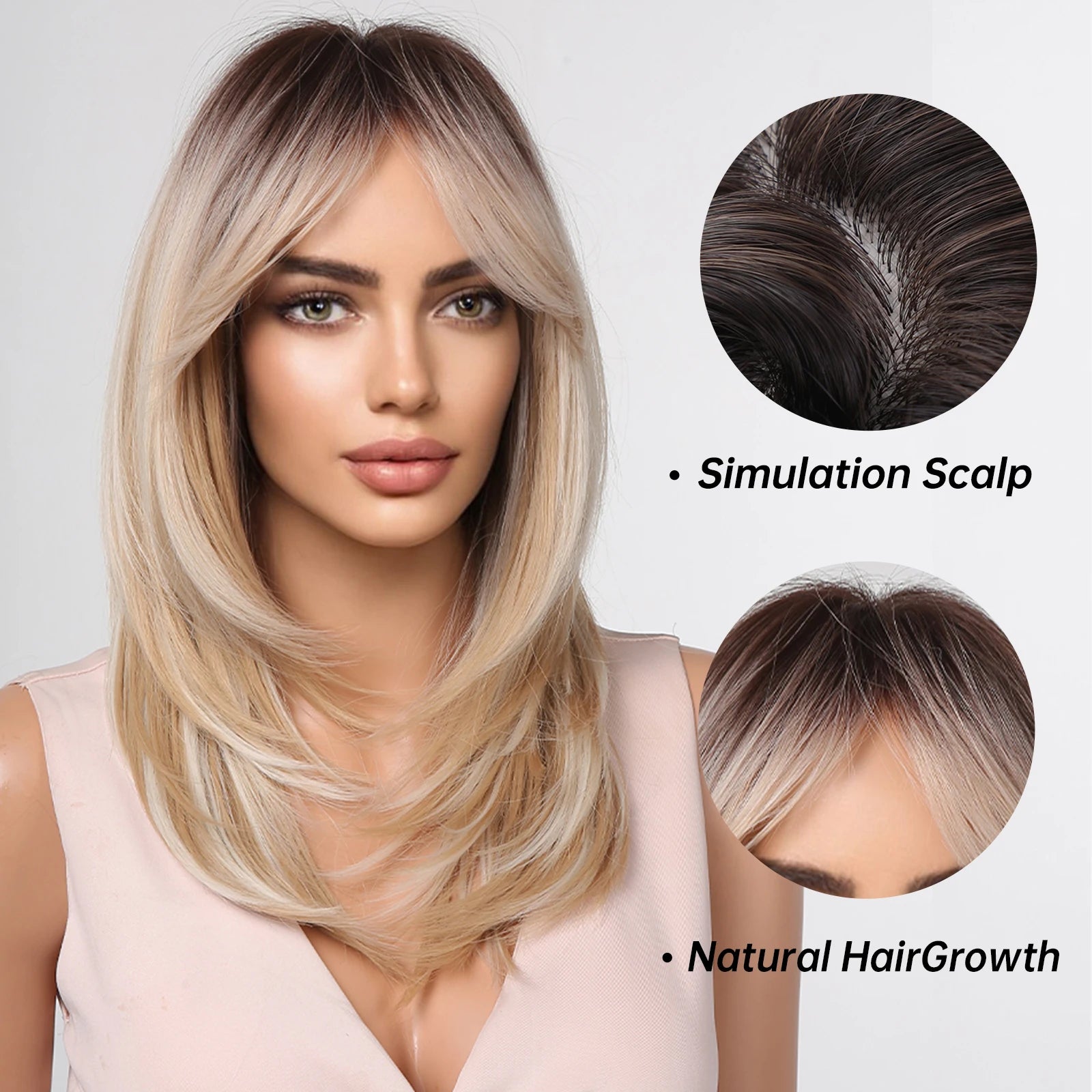 ALAN EATON Long Blonde Wig for Women Synthetic Hair Wigs with Fringe Ombre Color with Dark Roots Layered We Heat Resistant Hair Style