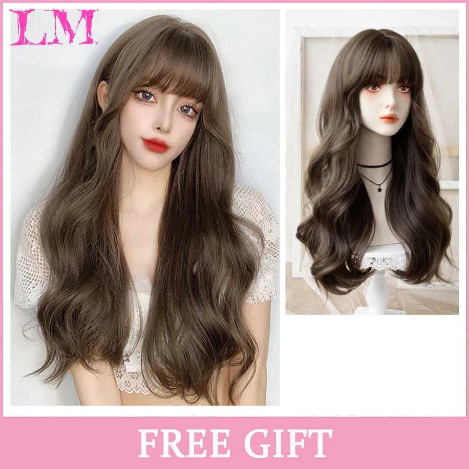 LM Cosplay Wig With Bangs Synthetic Straight Hair Wigs 24 Inch Long Heat-Resistant Pink Hair Style For Women