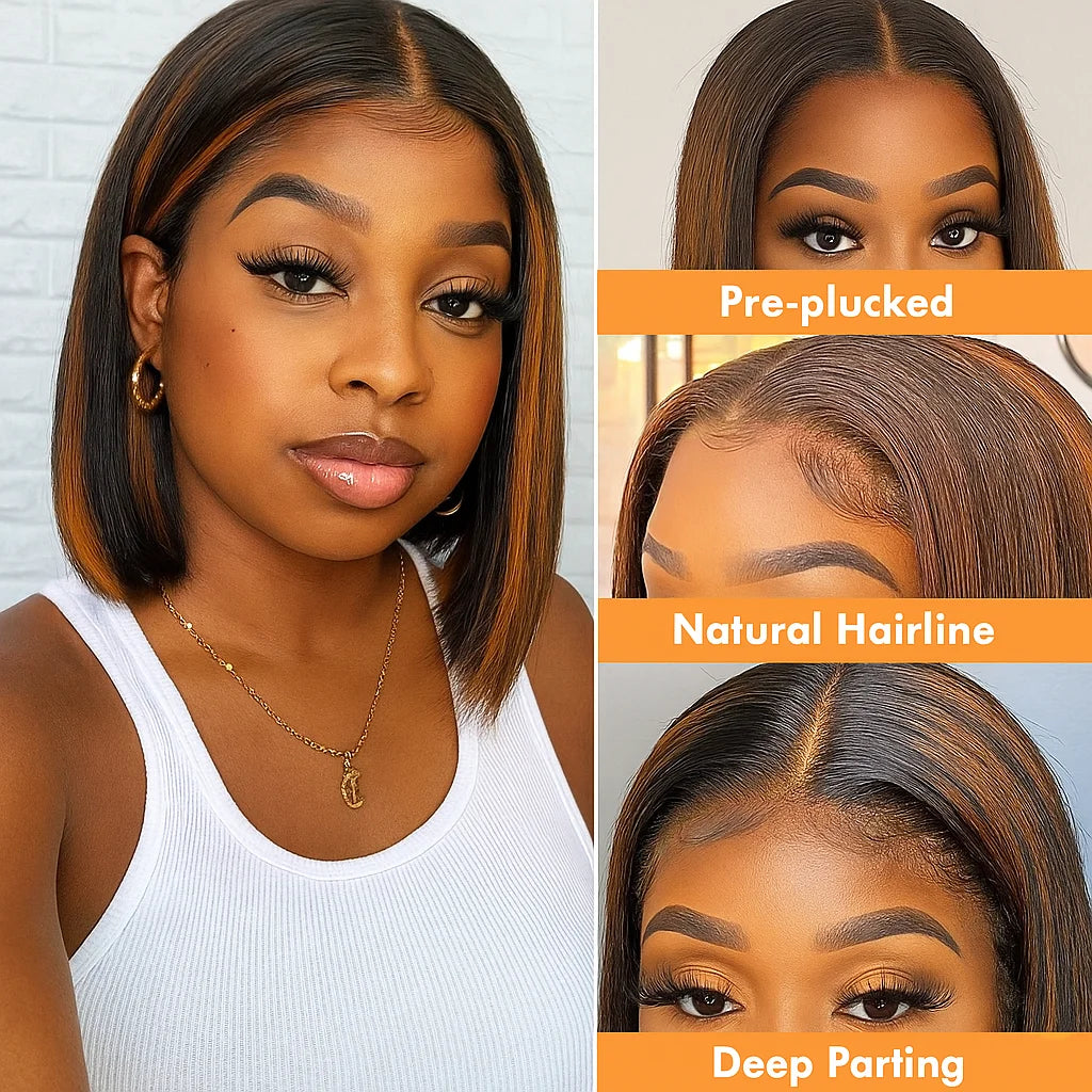 Highlight Colored 13x4 Lace Frontal Wig Silky Straight Human Hair Style Wigs Front Short Bob Wigs Pre Cut Glueless Straight Bob Wigs