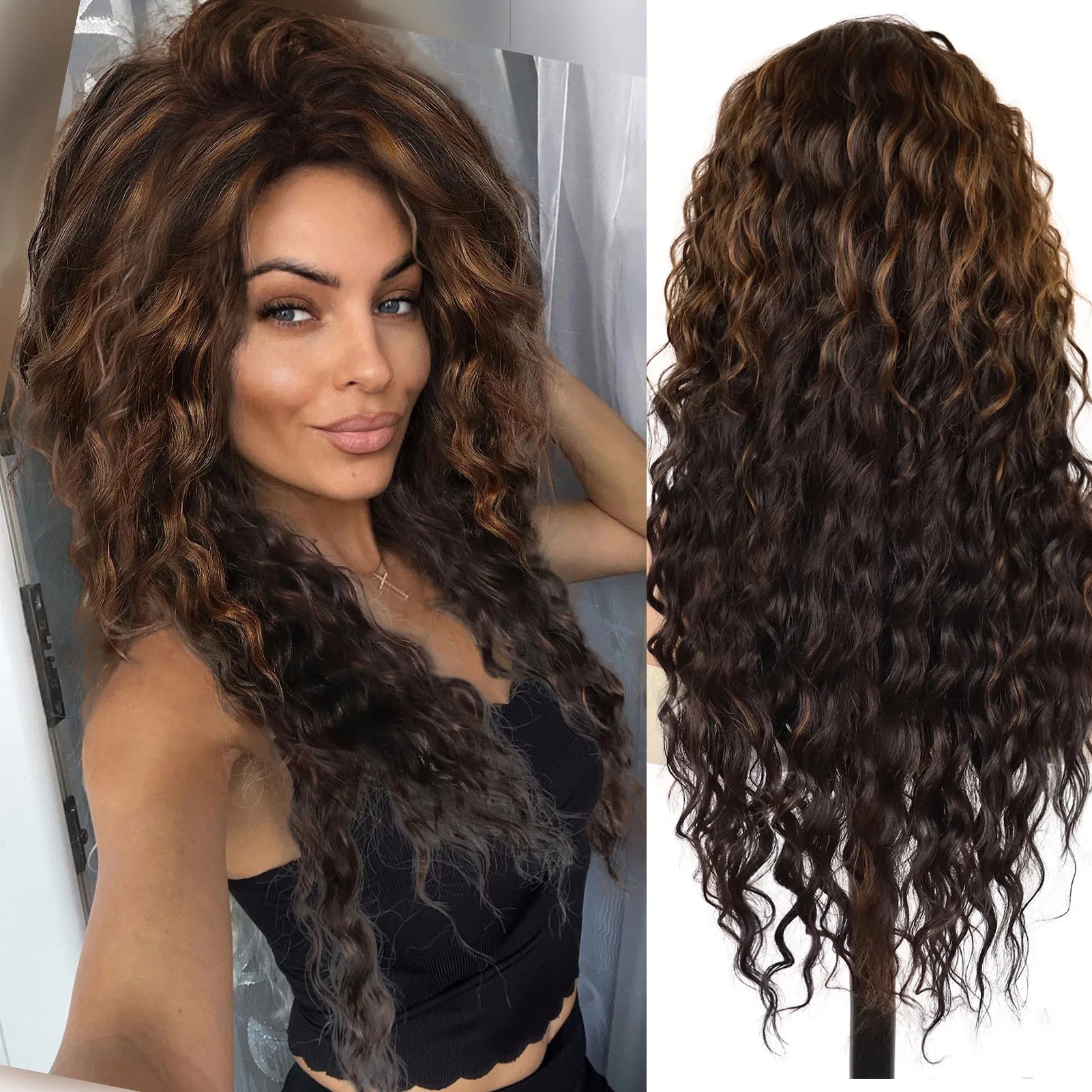 Womens Wig Long Synthetic Hair Ombre Blonde Curly Hair Wigs Female Natural Wavy Drag Queen Regular Wig 80s Gradient Hair Style Wigs for Student